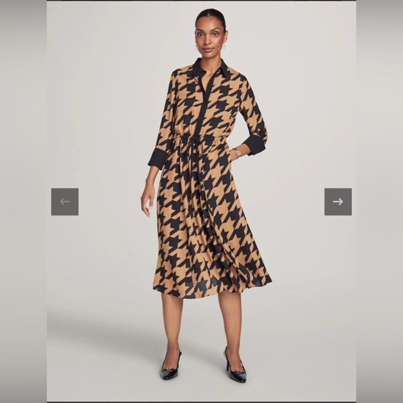 NWOT Anne Klein Houndstooth Black Brown Printed Drawstring Shirt Dress Size 6 - Picture 1 of 10